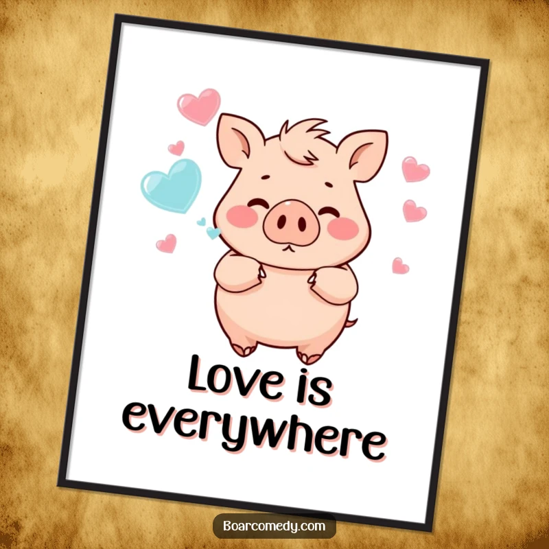 Funny chubby boar character blowing a stream of heart-shaped bubbles, a delightful digital art print for instant cheer.