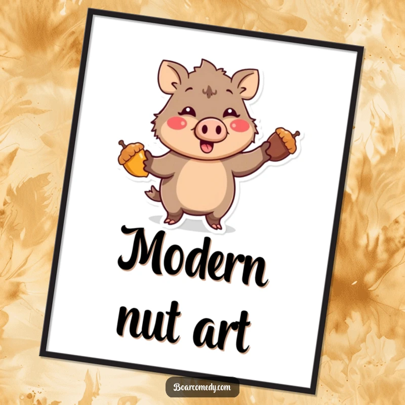 Funny Kawaii Boar character with a comical expression, enthusiastically juggling three bright acorns, available as a high-resolution digital art print.