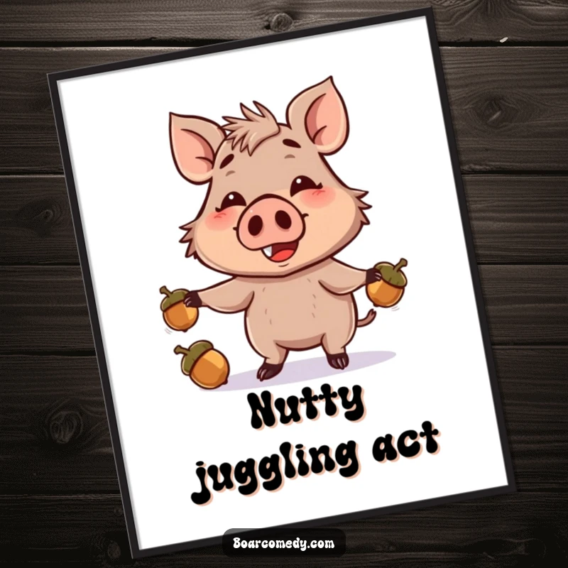 Funny digital art print of a smiling boar character skillfully juggling acorns with its snout, adding playful humor to any space.