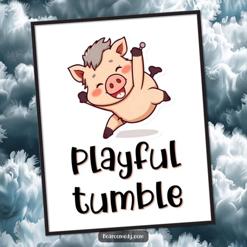 Funny smiling boar character tumbling head over heels in a playful manner, as a digital art download.