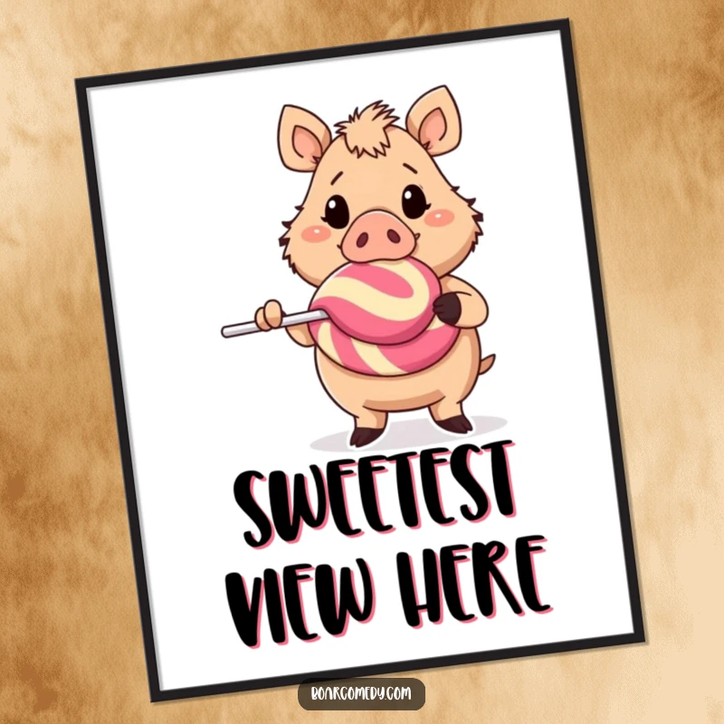 Funny cheerful boar character holding a massive lollipop, a delightful digital art print for instant joy and sweetness.