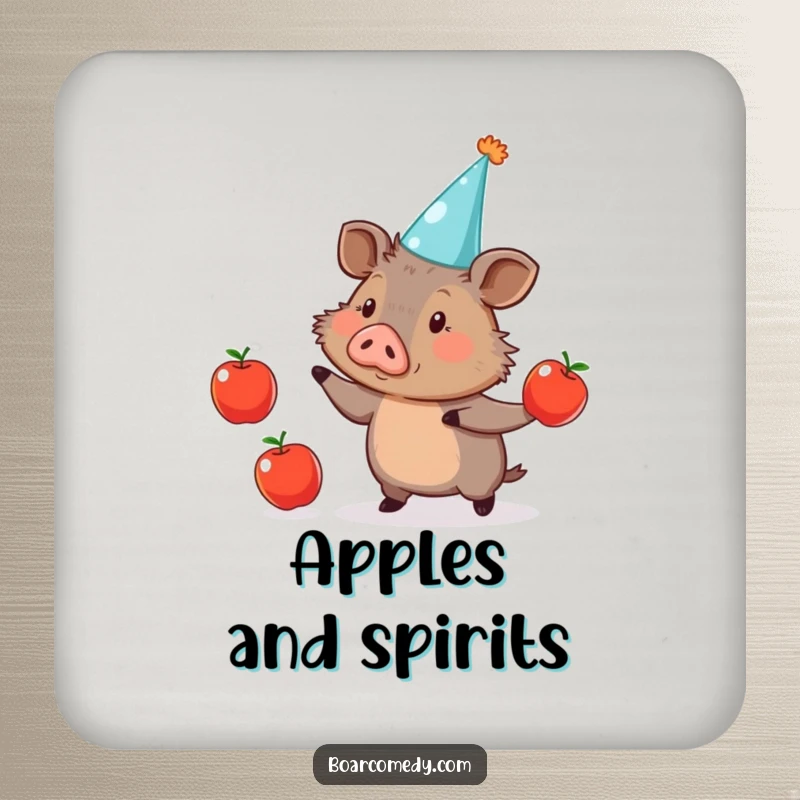 Funny Drink Coaster: Cute boar in a party hat, amusingly juggling three apples, protecting surfaces with humor.