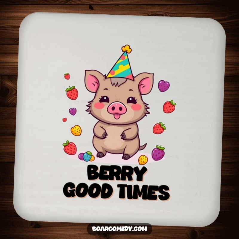 Funny Kawaii Boar Drink Coaster wearing a party hat, juggling an assortment of berries, bringing festive fun to surfaces.