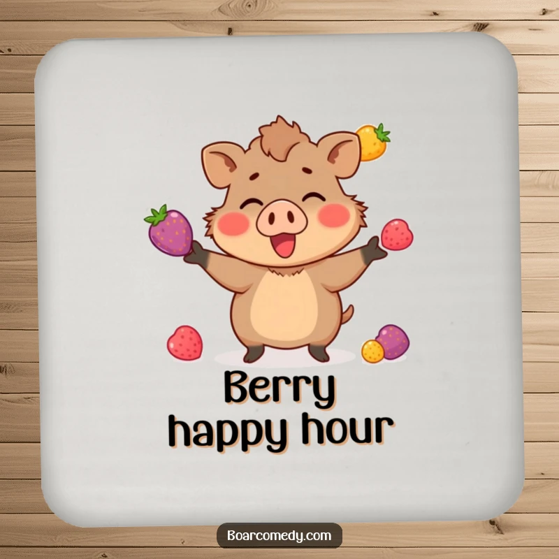 Funny drink coaster showing a small boar character enthusiastically juggling three brightly colored berries, a tiny dose of skillful humor.