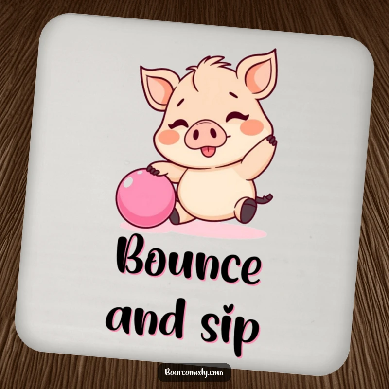Funny Kawaii boar drink coasters, a tiny boar happily bouncing a pink ball, protecting surfaces with charm.