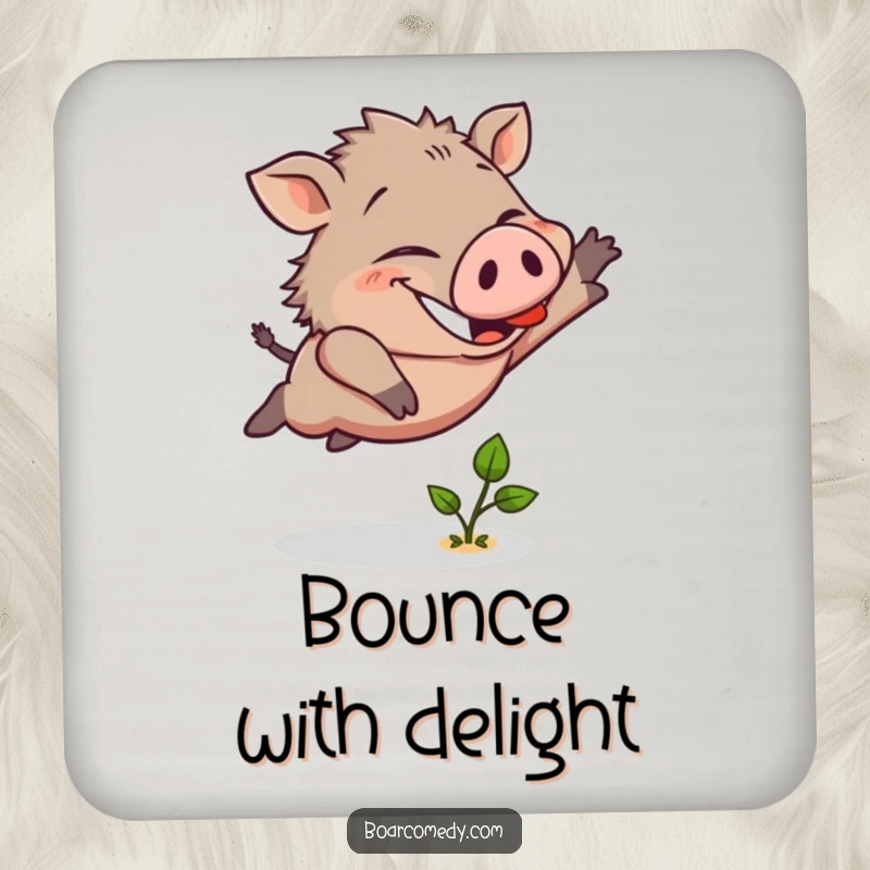 Funny drink coaster featuring a cheerful boar character energetically leaping over a tiny sprout with a determined and happy expression.
