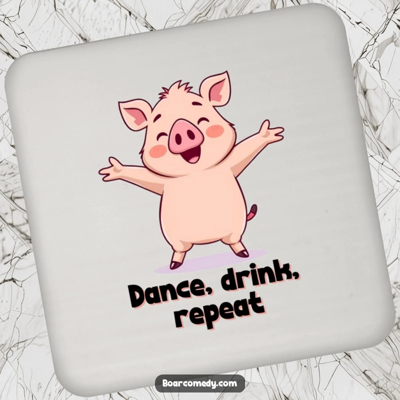 Funny Kawaii Boar Coaster: A kawaii boar is shown doing a silly dance with arms wide, a fun way to protect tables.