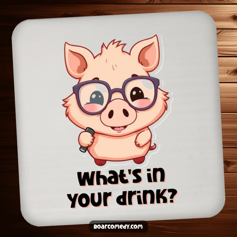 Funny coaster featuring a smiling boar wearing oversized glasses and holding a magnifying glass, protecting surfaces.