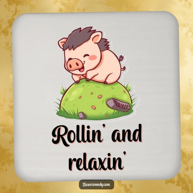 Funny drink coasters featuring a small, round boar character rolling down a grassy hill, adding a touch of whimsical humor to any table.
