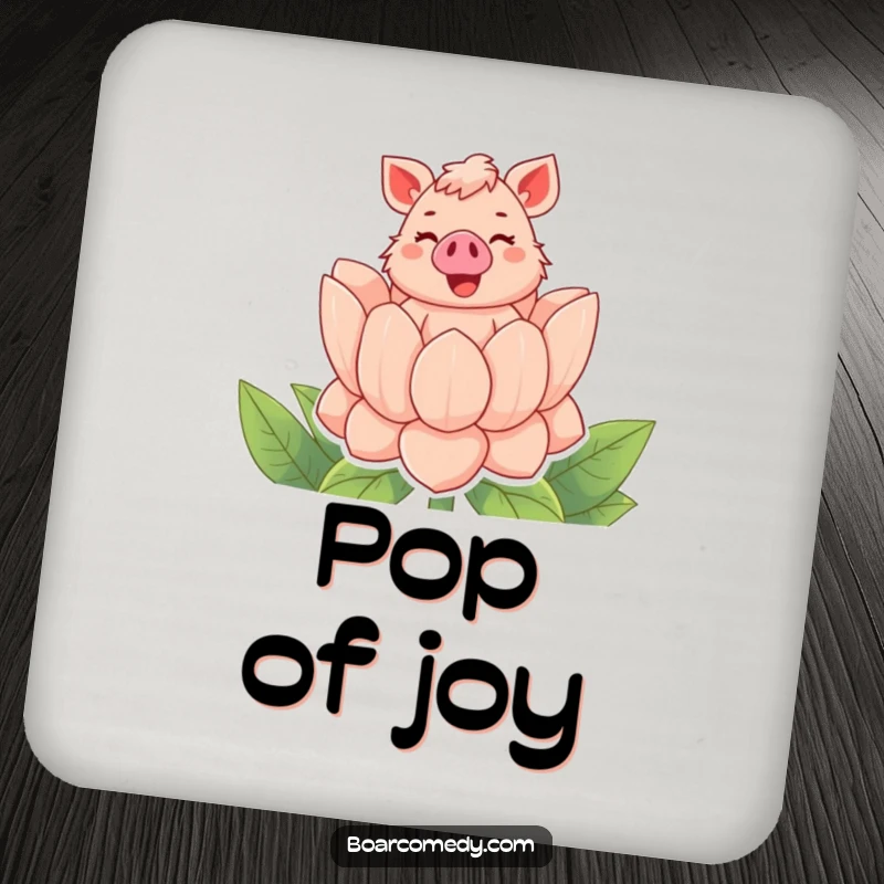 Funny drink coaster featuring a bubbly boar character popping out of a giant flower with a cheerful squeal, a small piece of joy.