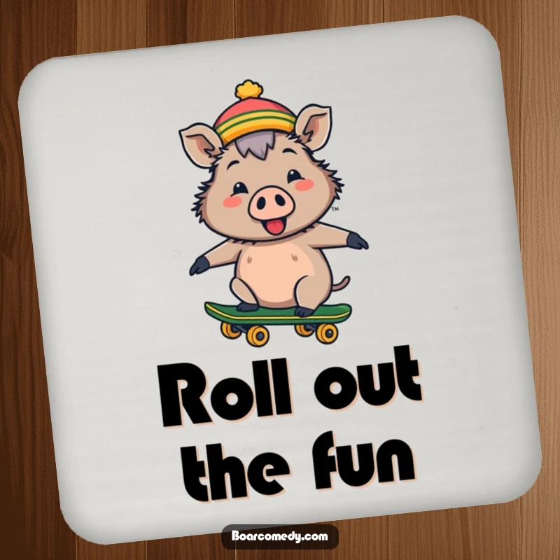 Funny coaster with a cheerful boar in a tiny hat riding a skateboard, protecting surfaces with style.