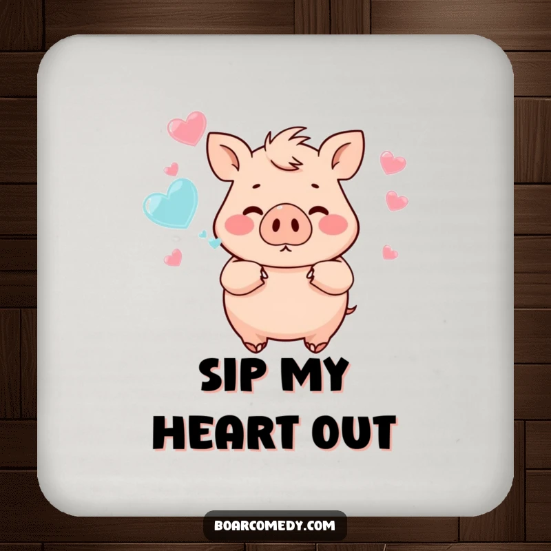 Funny chubby boar blowing heart-shaped bubbles, a cute and protective coaster for drinks, adding whimsical flair.