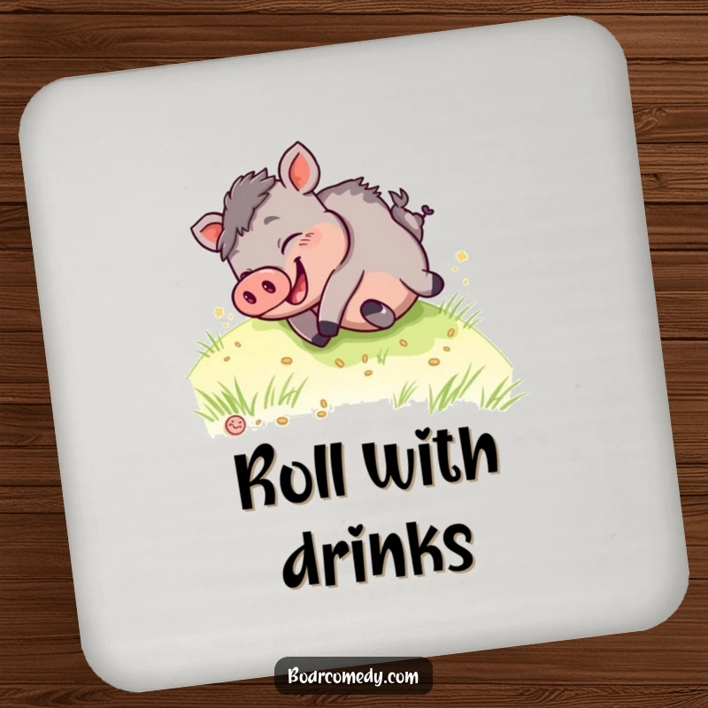 Funny kawaii boar drink coaster, showing a happy boar giggling as it rolls down a grassy hill, adding humor to your drink.
