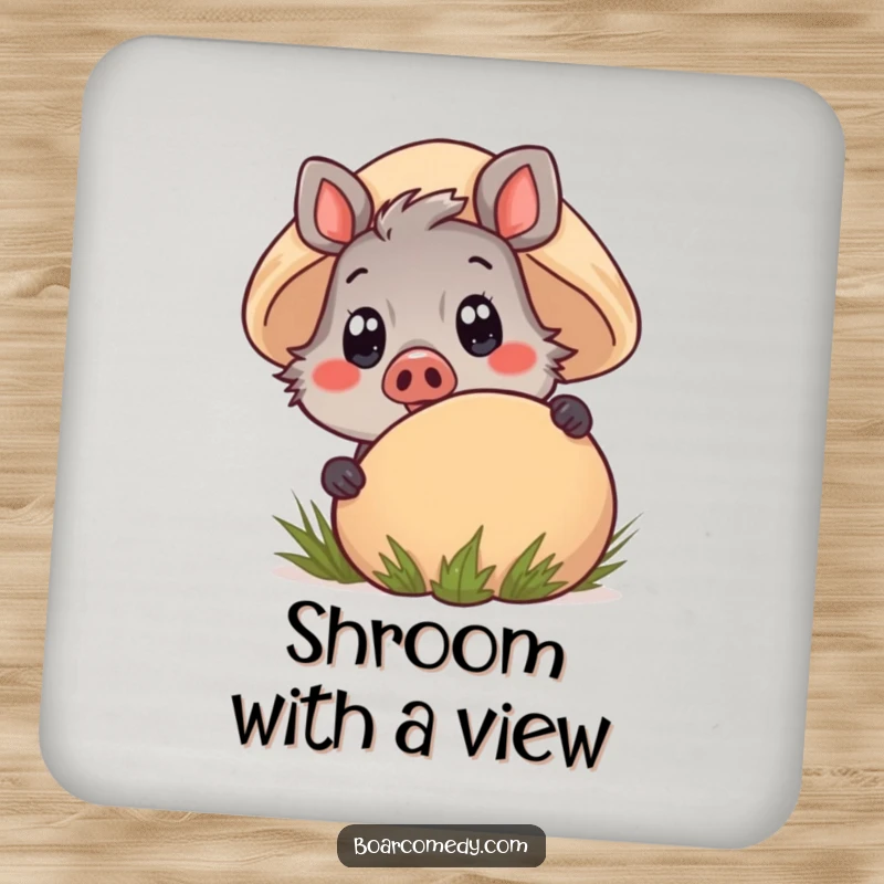 Funny Kawaii Boar Drink Coaster peeking from behind a mushroom, with wide eyes, bringing playful charm to tabletops.