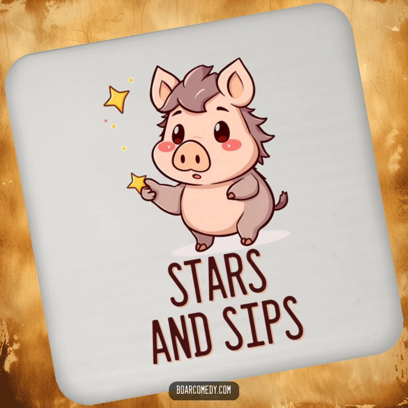 Funny kawaii boar drink coaster, showing a surprised boar pointing at a twinkling star, guarding your surfaces with wonder.