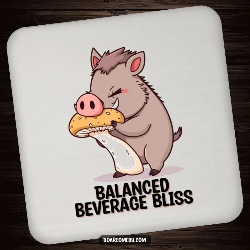 Funny Coasters: Plump boar character concentrating intently, balancing a giant, wobbly mushroom on its snout, protecting surfaces.