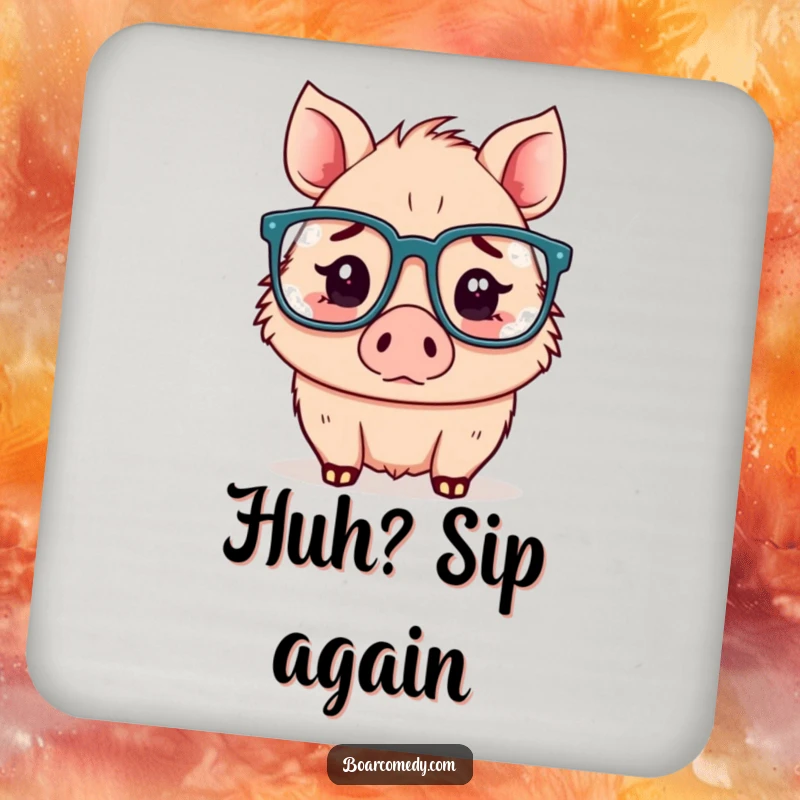 Funny Kawaii boar drink coasters, a confused boar wearing glasses, perfect for protecting surfaces.