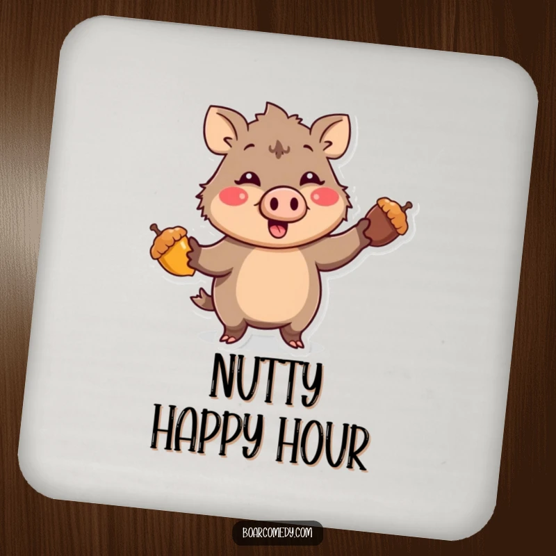Funny Kawaii Boar character with a comical expression, enthusiastically juggling three bright acorns, featured on a protective drink coaster.