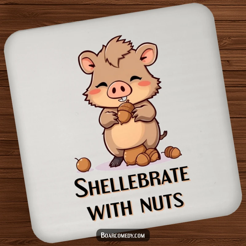 Funny Kawaii Boar Drink Coaster with a mischievous grin, balancing acorns, protecting surfaces with clever flair.