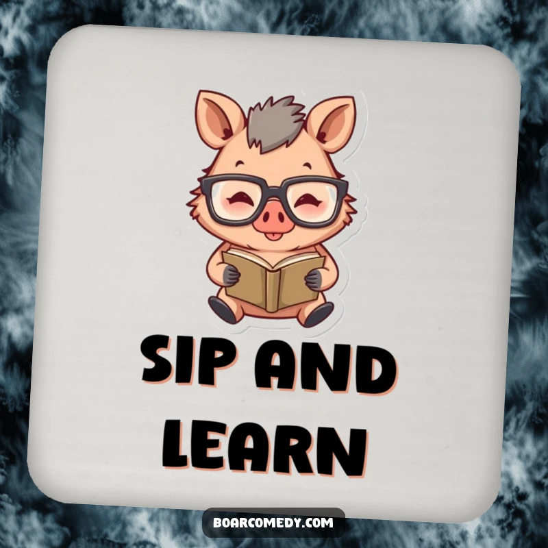 Funny drink coaster featuring a happy boar character wearing large glasses and diligently reading a tiny book.