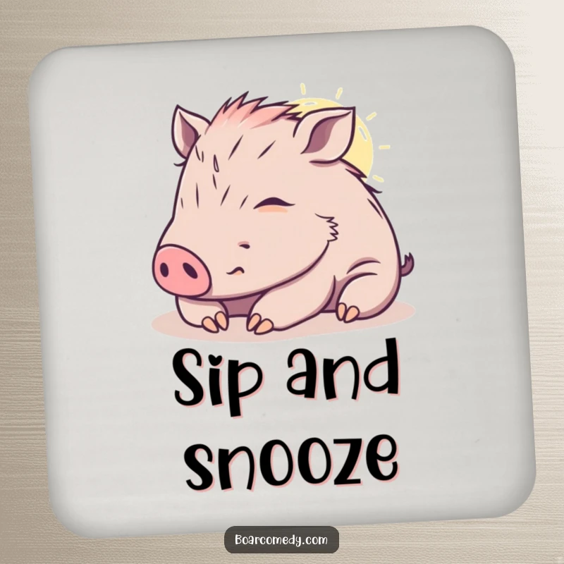Funny kawaii boar drink coaster, showing a content boar napping in a sunbeam, protecting your surfaces with peaceful charm.