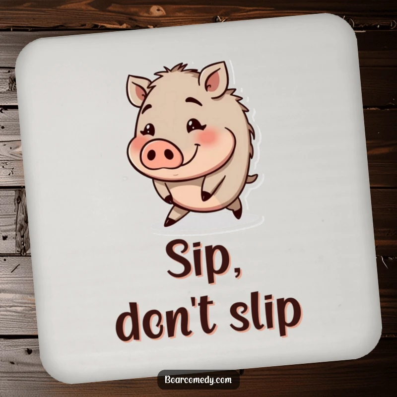 Funny coaster featuring a small round boar character tripping with a funny expression, protecting surfaces.