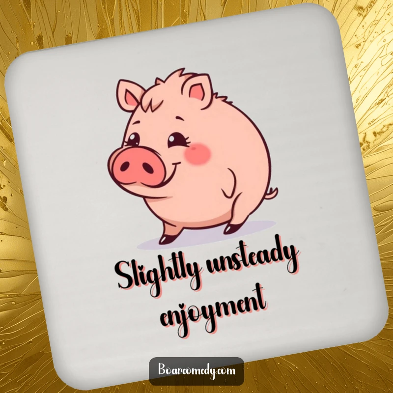Funny Drink Coaster: Small, round boar character with a funny expression, tripping slightly, adding humorous protection.
