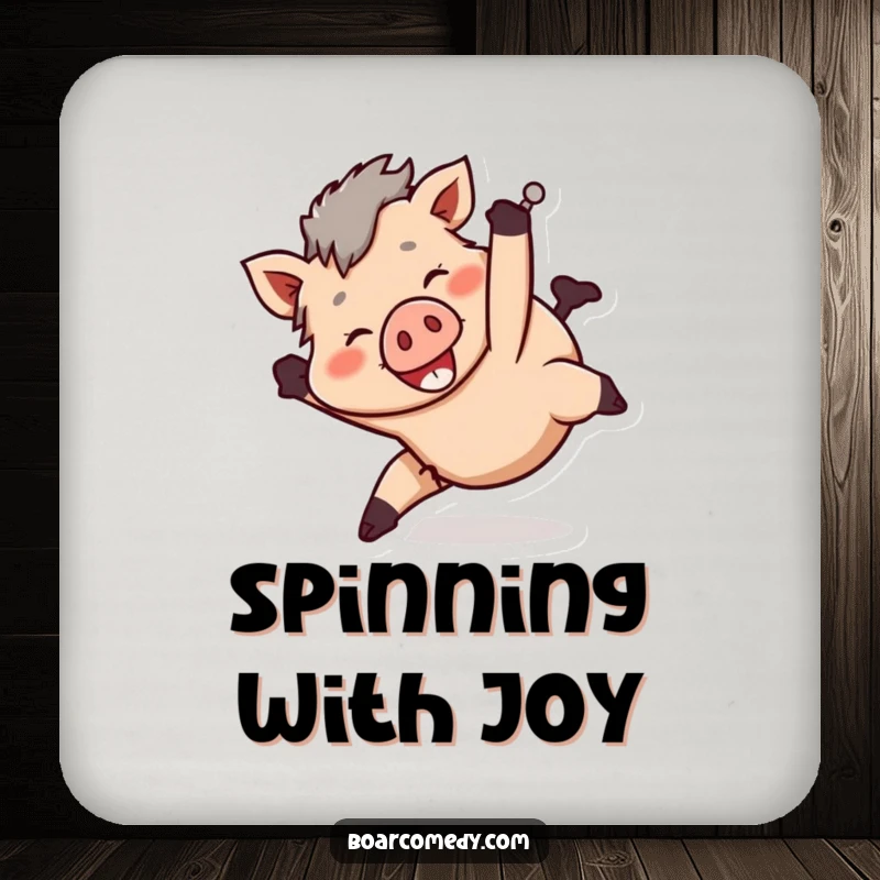 Funny smiling boar character tumbling head over heels in a playful manner, on a drink coaster.