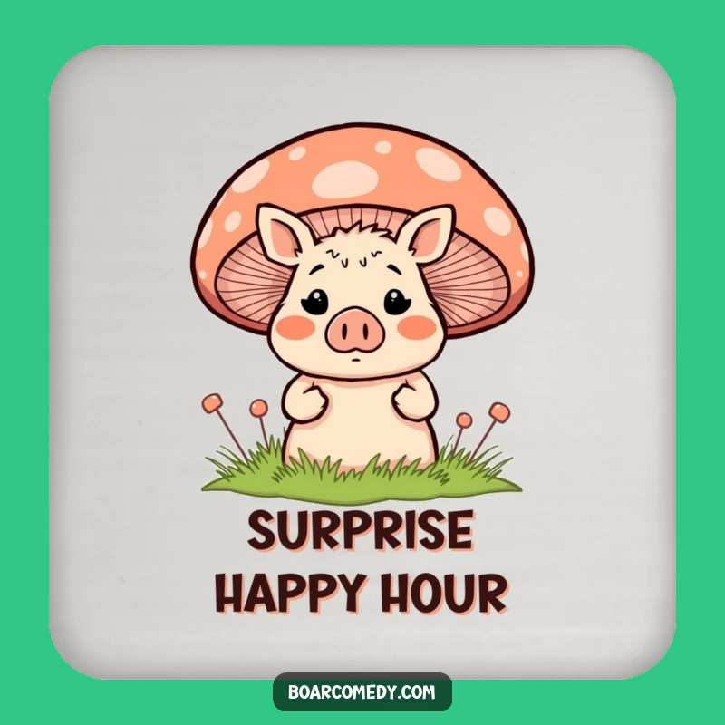 Funny Surprised Boar Behind Mushroom Coaster - Cute & Protective