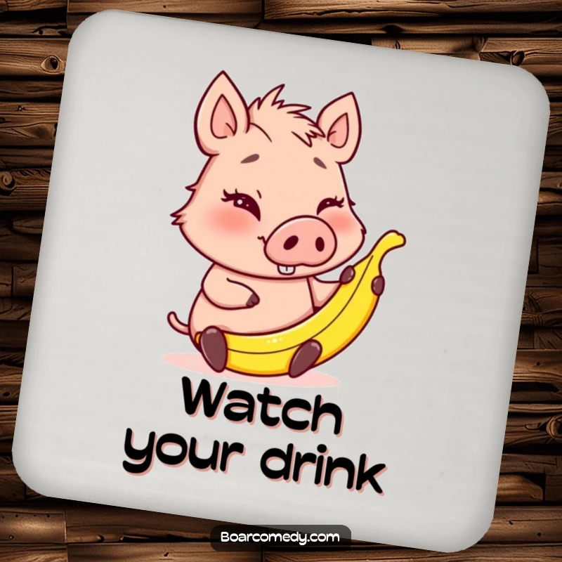 Funny winking boar character holding a small banana peel, a cute and protective coaster for drinks, adding prankster flair.