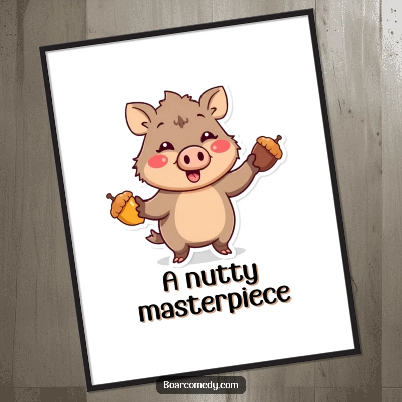 Funny Kawaii Boar character with a comical expression, enthusiastically juggling three bright acorns, presented as a vibrant wall poster.