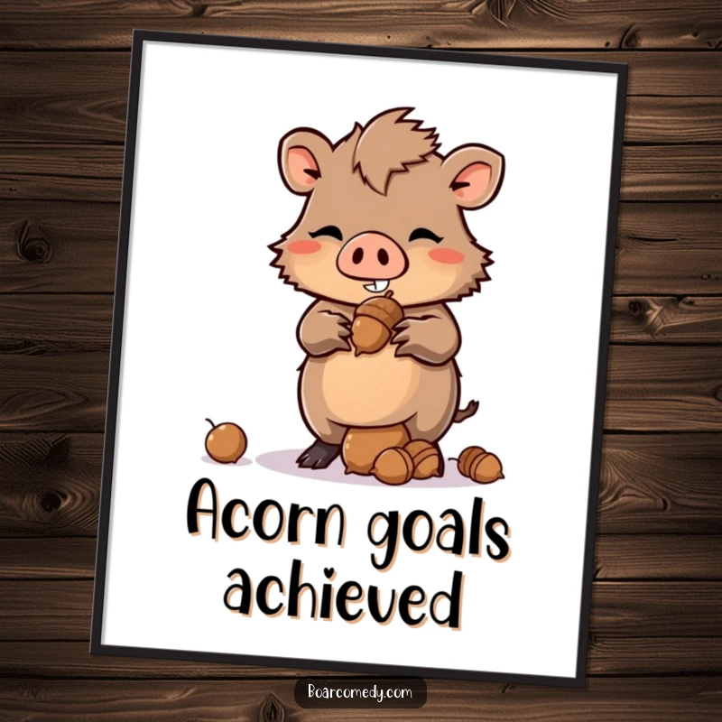 Funny Kawaii Boar Poster with a mischievous grin, balancing a tall stack of acorns, embodying playful intellect.