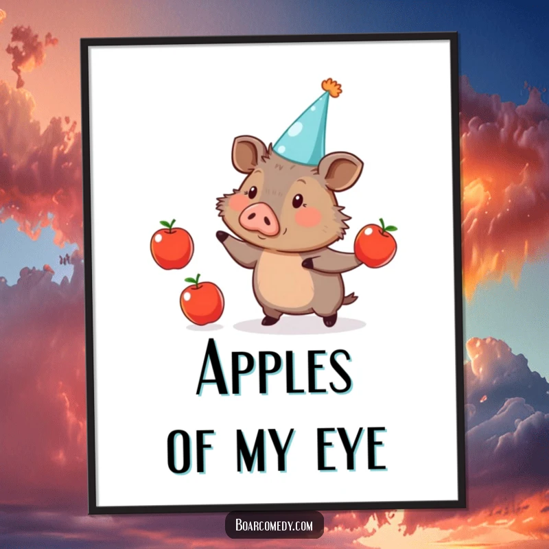 Funny Poster: Adorable boar wearing a party hat, humorously juggling three apples, adding a playful touch to decor.