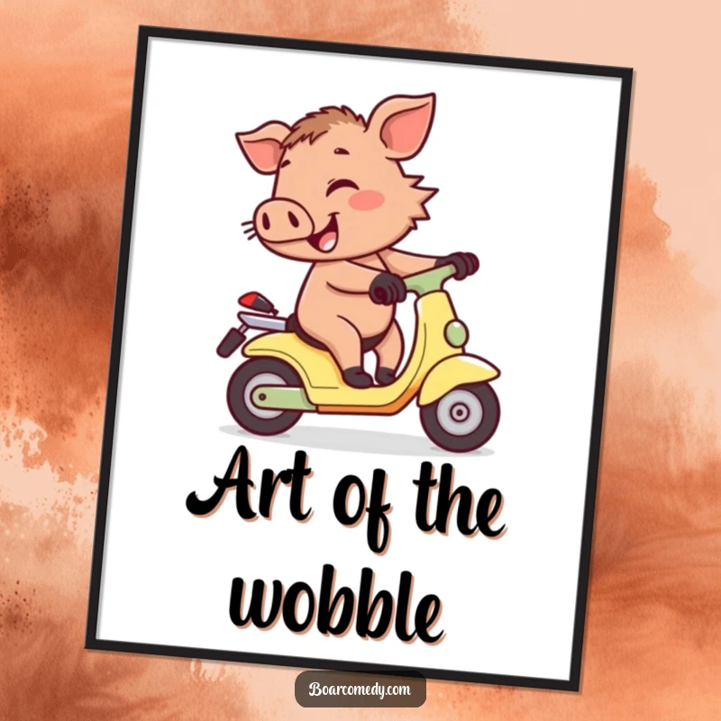 Funny cheerful little boar character wobbling precariously while attempting to ride a tiny scooter, presented as a charming wall poster.