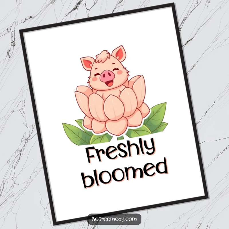 Funny poster of a bubbly boar character joyfully popping out of a gigantic flower with a cheerful squeal, vibrant and humorous.