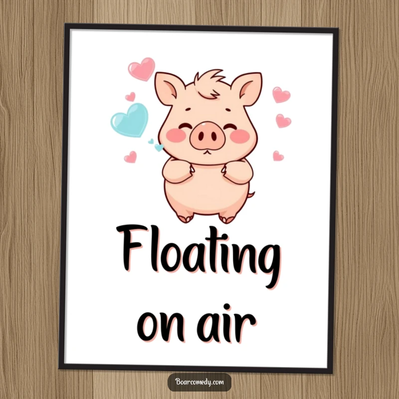 Funny chubby boar blowing a cascade of heart-shaped bubbles, creating a visually appealing and heartwarming piece of wall art.