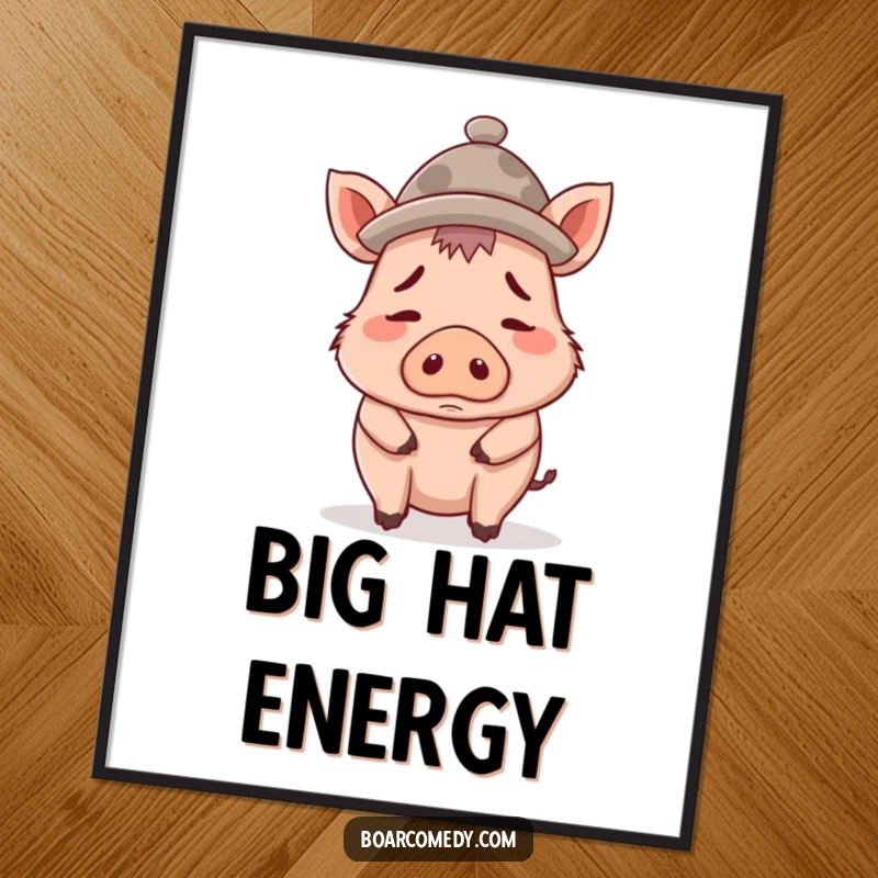 Funny poster depicting a confused boar character with an oversized tiny hat, creating a humorous and visually amusing piece.