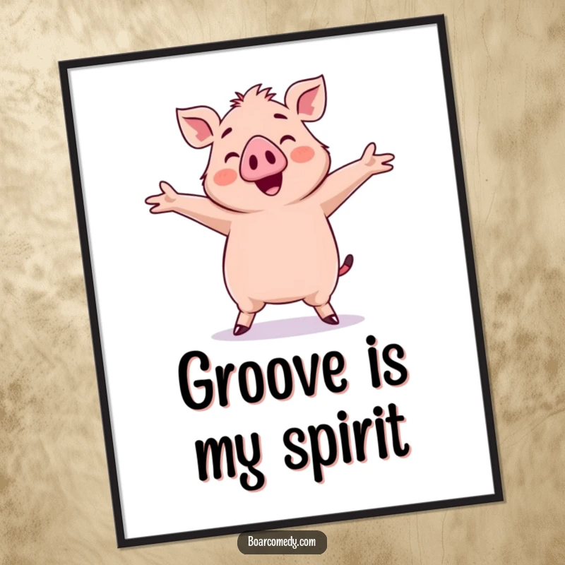 Funny Kawaii Boar Poster: A kawaii boar is shown in the middle of a hilarious, silly dance with arms flailing joyfully.