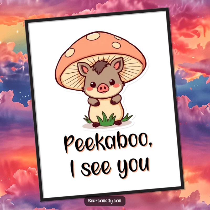 Funny Poster: Adorable kawaii boar character peeking from behind a giant mushroom, creating a magical and humorous display.