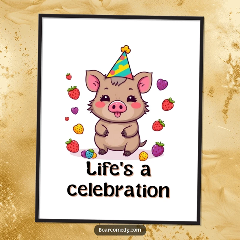 Funny Kawaii Boar Poster in a party hat, happily juggling plentiful colorful berries, showcasing a lively and festive spirit.