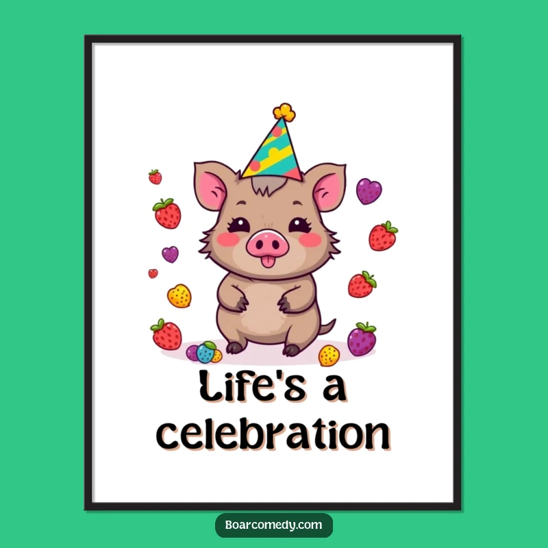 Funny Kawaii Boar Poster - Festive Juggling Berries Wall Art Gift