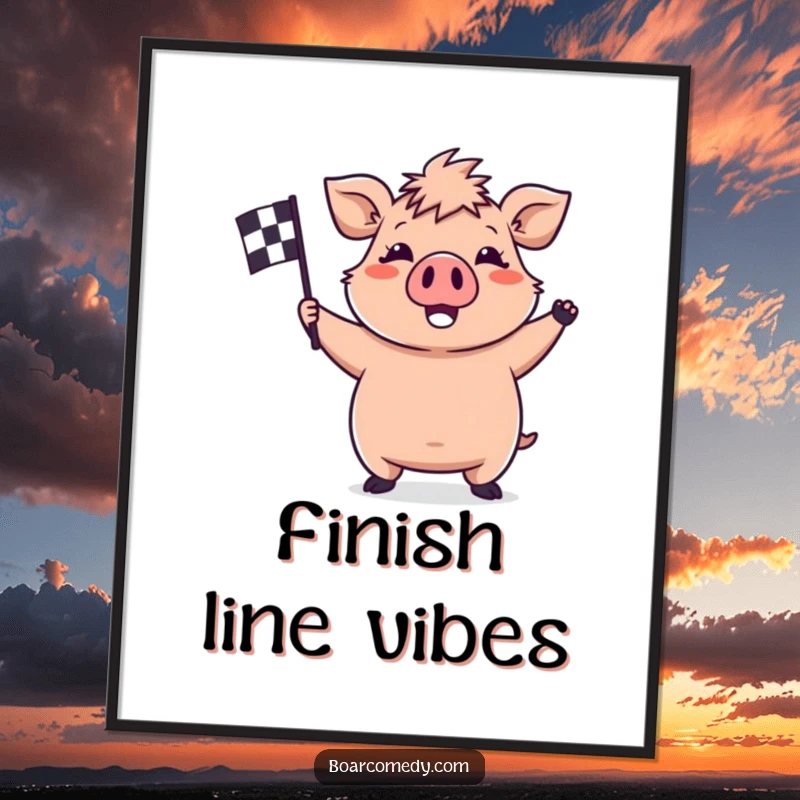 Funny kawaii boar poster art of a happy boar enthusiastically waving a small checkered flag, celebrating excitement and arrival.