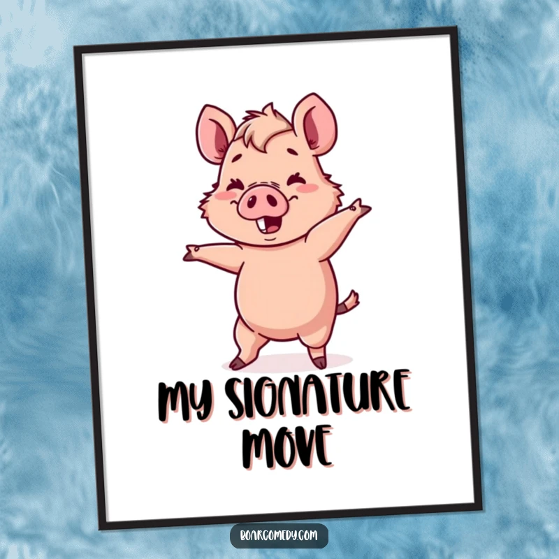Funny Kawaii boar character attempting a comical, wobbly dance move, as a wall art poster.