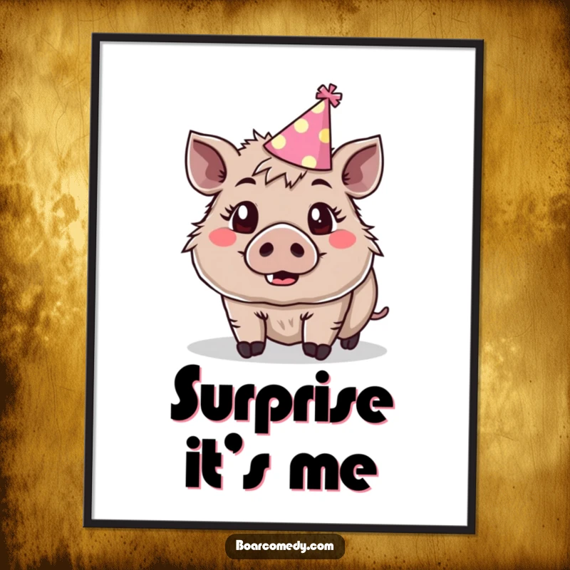 Funny cute boar wearing a tiny party hat, eyes wide with surprise and joy, as a poster.