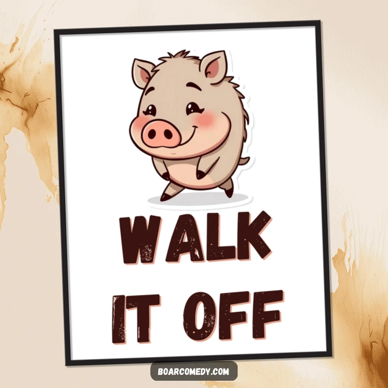 Funny poster artwork of a small round boar character tripping slightly with a funny, flustered expression.