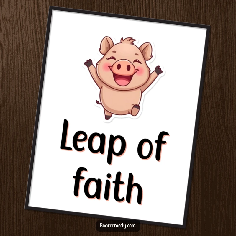 Funny round boar character leaping joyfully with a giant smile, as a vibrant wall art poster.