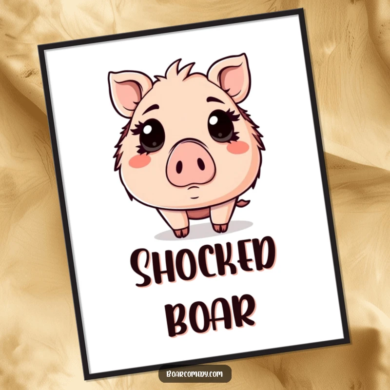 Funny Kawaii boar poster, a boar with comically wide eyes, showing a look of pure, delightful surprise.