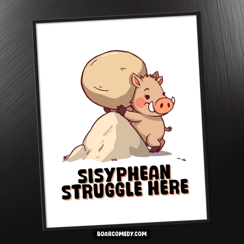 Funny poster print of a determined boar character pushing a heavy, round stone up a challenging incline.