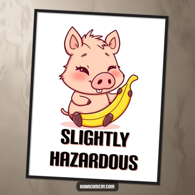 Funny winking boar character holding a tiny banana peel, creating a humorous and cheeky piece of wall art.