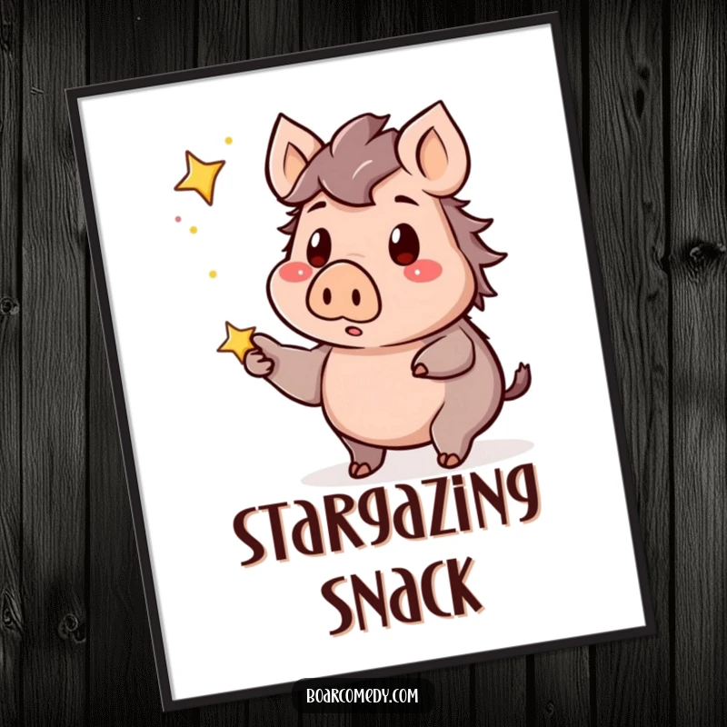 Funny kawaii boar poster art featuring a surprised boar pointing at a distant, twinkling star, evoking wonder and curiosity.